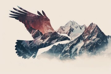 A regal eagle superimposed with the rugged peaks of a mountain range in a double exposure - obrazy, fototapety, plakaty