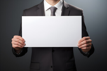 businessman holding blank paper advertisement concept 