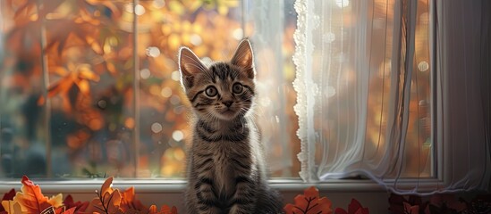 A small tabby kitten sits on a window sill inside a cozy home, curiously gazing out at the view beyond the glass. The kittens ears are perked up and its eyes are focused on something outside - obrazy, fototapety, plakaty