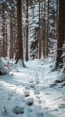 Fototapeta premium A path covered in snow winds through a thick forest filled with numerous trees.