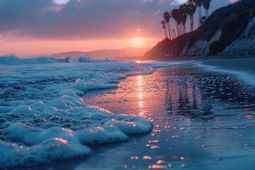 The sun sets on a beach with waves rolling in, creating a tranquil scene. - obrazy, fototapety, plakaty
