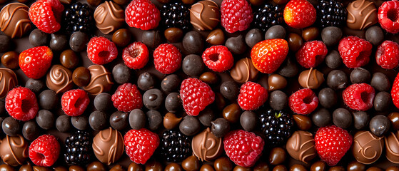assorted handmade chocolates and fresh berries. banner for confectionery, sweets shop, handmade chocolate.