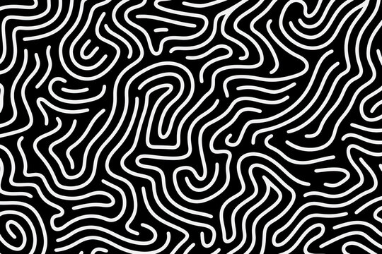 abstract black and white wave squiggle doodle fingerprint style maze pattern background banner