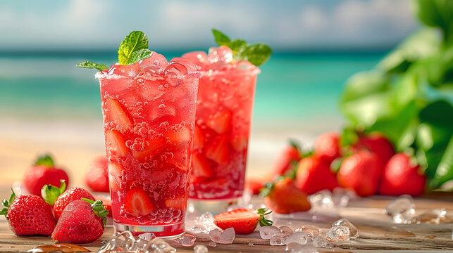 refreshing fruit cocktail, with ice. colorful illustration for magazines, restaurant menus, advertising booklets