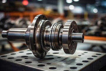 Detailed Perspective of a CV Joint in an Industrial Setting with Tools in the Background - obrazy, fototapety, plakaty