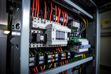 Detailed image of an Arc Fault Detector amidst a network of wires in a contemporary industrial setup - obrazy, fototapety, plakaty