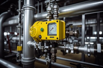 Detailed Image of a Gas Leak Detector Sensor Amidst the Intricate Machinery of an Industrial Plant - obrazy, fototapety, plakaty