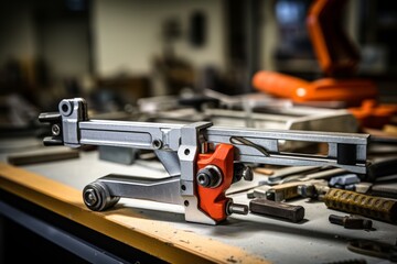 An indispensable toggle clamp on a busy workbench in a bustling manufacturing environment