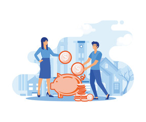 Married Couple Save Coins in Piggy Bank. Family Budget, Home Savings and Investment Money. Future Financial Planning. flat vector modern illustration 