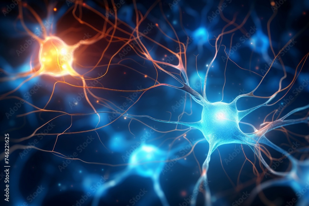 Poster complex single neuron synapses scheme board. network system cell science mind. generate ai