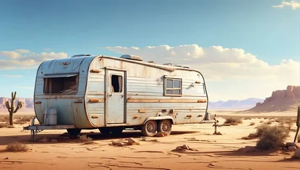 Fotobehang "Desolate Desert Scene: Stylized Digital Illustration of an Abandoned Trailer" © Rifat