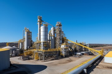 Obraz premium The intricate workings of a pelletizing plant with its impressive silos and conveyor belts under the azure sky