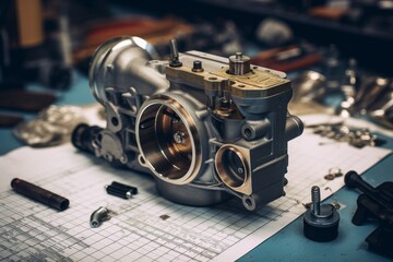 Detailed image of a throttle body with engineering blueprints and tools in the background - obrazy, fototapety, plakaty