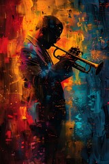 Jazz Musician Playing Trumpet in an Abstract Painting with Vivid Colors - obrazy, fototapety, plakaty