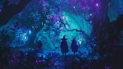 Imagine a world where warlocks hang out in the dark forest, surrounded by mythical creatures straight out of a poorly written fairy tale - obrazy, fototapety, plakaty