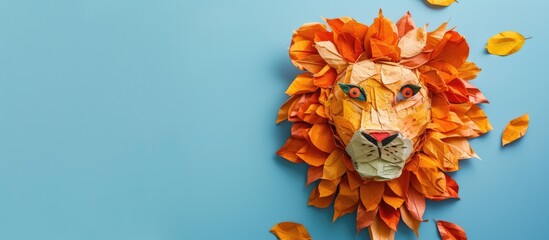 A paper lion head, intricately crafted by children, is displayed against a soft blue backdrop. The detailed artistry of the lions mane and features stands out against the simple background.