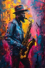 Fototapeta na wymiar Street Art Style Painting of a Saxophone Player in the City