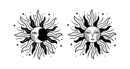 Vintage sun with face and moon, medieval engraving, hand drawing. Mystical tarot symbol for astrology, celestial line tattoo. Vector illustration.