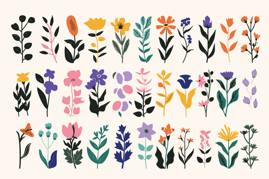 A set of fun flower and nature design elements. Flat hand drawn vector collection