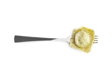 Fork of tasty ravioli on white background