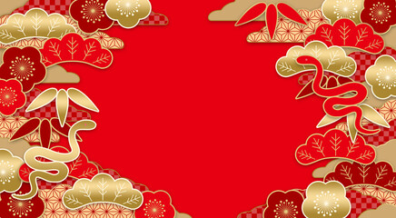 松竹梅と赤と金の蛇の和風の背景、中国的な配色