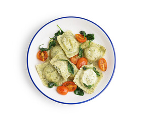 Bowl of tasty ravioli with tomatoes on white background