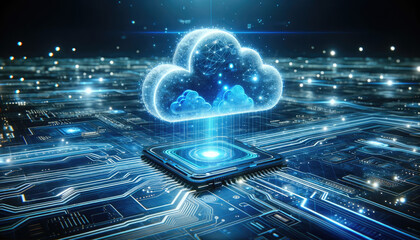 Cloud Technology Interface on Circuit Board Background
