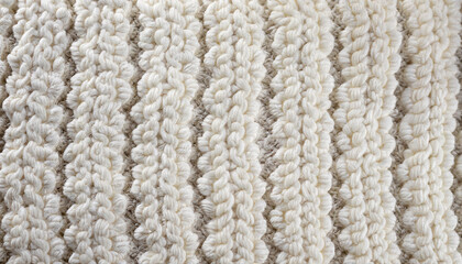 Fototapeta na wymiar White knitted carpet closeup. Textile texture off white background. Detailed warm yarn background. Knit cashmere beige wool. Natural woolen fabric, sweater fragment.