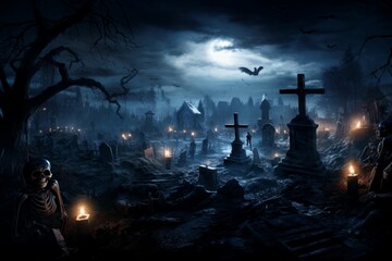 Creepy Skeletons cemetery risen. Spooky dead. Generate Ai