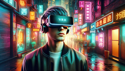A young man wearing a virtual reality headset is immersed in a vibrant, neon-lit urban alleyway, experiencing futuristic digital worlds.