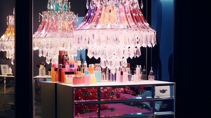 A sparkling crystal chandelier casting a kaleidoscope of colors onto a mirrored vanity.