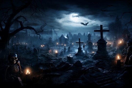 Creepy Skeletons cemetery risen. Spooky dead. Generate Ai © juliars