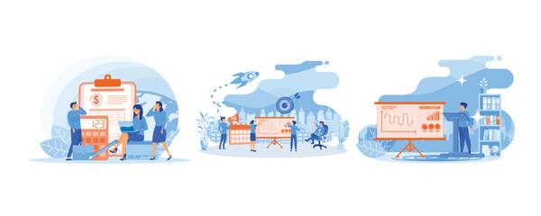 Financial management. People work together making a plan on a board. Business planning, management, organization, success strategy.  Set flat vector modern illustration  © Alwie99d