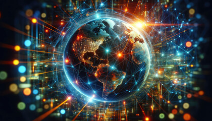 A digital representation of Earth with a glowing network of connections, illustrating global communication and technology interconnectivity.