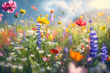 Wild flowers on a flower meadow in spring. Generative AI.