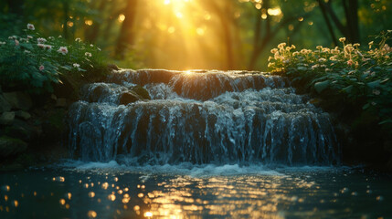 Closeup of a cascading waterfall in a forest the water glistening in the sunlight.