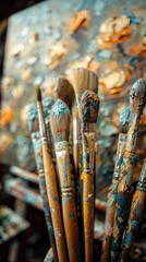 Fototapeta premium Various paint brushes are neatly arranged in a vase, showcasing an array of colors and sizes.