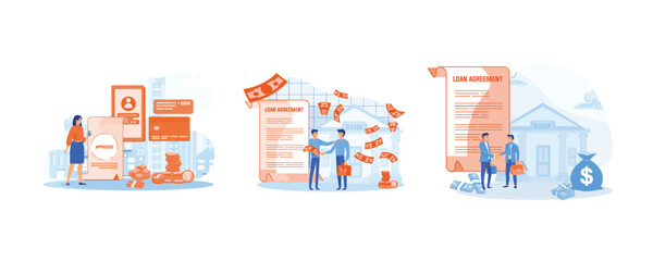 Banking service online. Personal loan or financial support. Businessman shaking hand with loan agreement and money bag. Set flat vector modern illustration