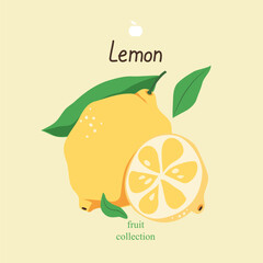 Lemons. Whole and half of lemon on beige background. Colorful hand drawn vector illustration of fruits for textiles, cards, posters, prints