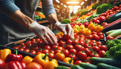 Person Selecting Fresh Tomatoes in Produce Section - obrazy, fototapety, plakaty