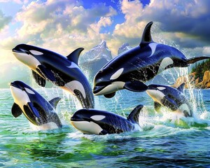 Pod of Orca Whales Jumping Out of Water near Mountains