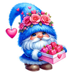 Obraz premium Gnome in love Fur Hat Blue Watercolor clipart PNG