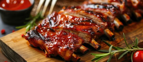A mouthwatering display of ribs covered in BBQ sauce, perfectly arranged on a wooden cutting board.