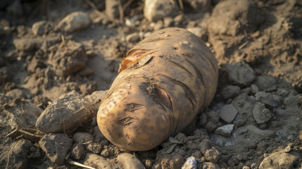 Obraz premium A wrinkled by potato rests on a bed of soil with bits of dirt still clinging to its skin hinting at the effort it took to unearth it.