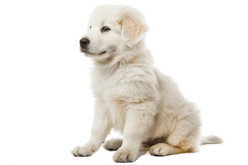 Sitting Great Pyrenees puppy, isolated on transparent background.