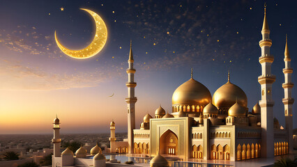 mosque in night with a crescent moon, Ramadan Kareem background, for posters, greeting cards, created with AI - obrazy, fototapety, plakaty