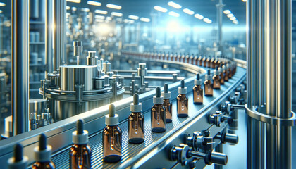 Fototapeta premium Pharmaceutical Production Line with Glass Bottles