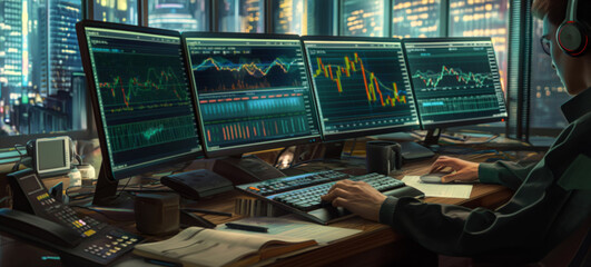 Nighttime Financial Analysis: Expert Concentrating on Trading Data Across Multiple Screens