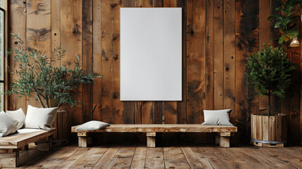 A harmonious wooden room with a rustic bench, empty white canvas on the wall, and potted greenery creating a serene atmosphere.