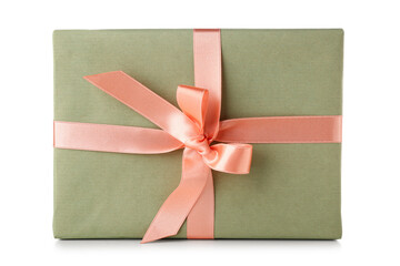 Green gift box with pink bow on white background. International Women's Day